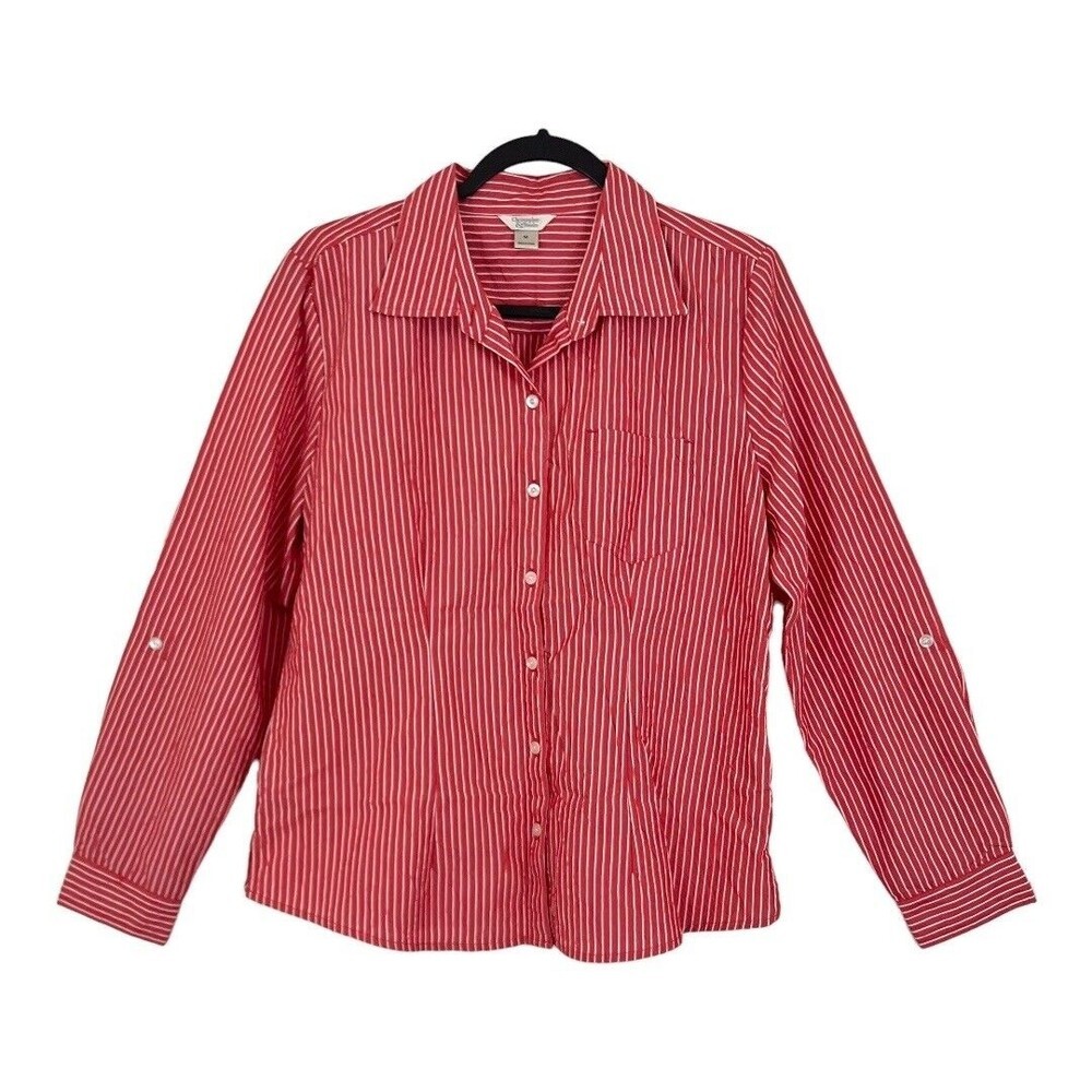 Christopher & Banks Womens Size Medium Coral White Striped Button Up Shirt
